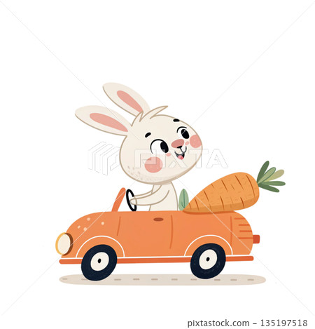 Charming bunny character in a carrot shaped car white background Charming bunny character in a carrot shaped car white background 135197518