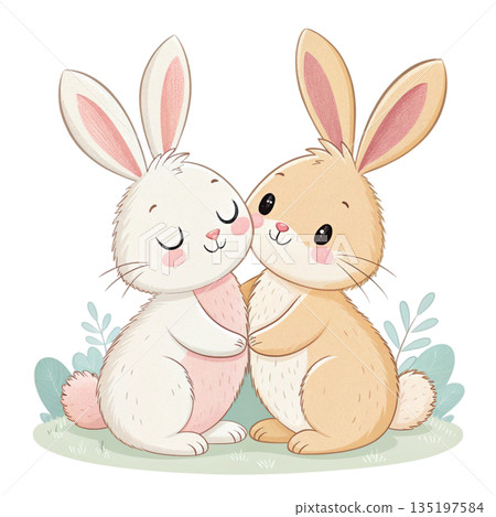 Cute animal illustration of three rabbits hugging white background  135197584