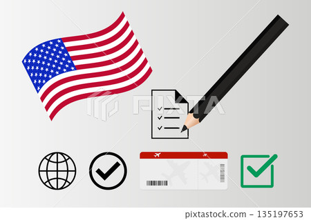American Flag, Checklist, Passport, And Pencil Travel and Work Symbols For Business and Education. 135197653