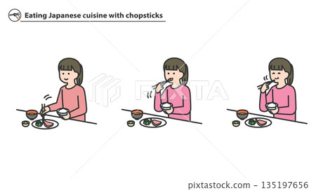Girl eating Japanese food with chopsticks Girl eating Japanese food with chopsticks 135197656