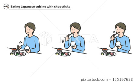 A man eating Japanese food with chopsticks 135197658