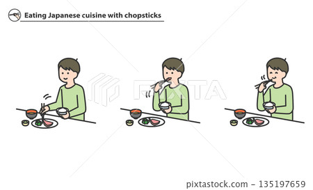 一個男孩用筷子吃日本料理 一個男孩用筷子吃日本料理 135197659