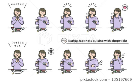 Woman eating Japanese food with chopsticks, facial expression variations, set 135197669