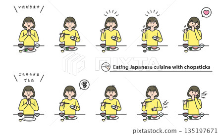 Girl eating Japanese food with chopsticks Facial expression variations Set Girl eating Japanese food with chopsticks Facial expression variations Set 135197671
