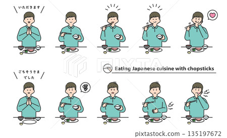 Men eating Japanese food with chopsticks, facial expression variations, set Men eating Japanese food with chopsticks, facial expression variations, set 135197672