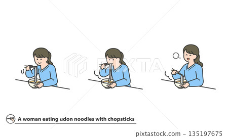 Woman eating udon noodles with chopsticks, facial expression variations, set 135197675
