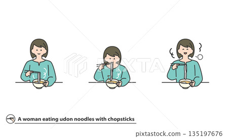 Woman eating udon noodles with chopsticks, facial expression variations, set 135197676