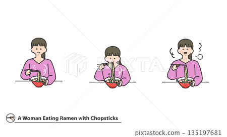 女子用筷子吃拉麵，臉部表情變化，一套 135197681