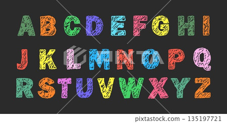 Childlike and playful crayon alphabet. English letters and funky chalk texture for school or party. Bold and colorful doodle font for education or design. Vector illustration 135197721
