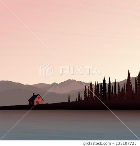 Minimalist sunset countryside landscape with lake, mountain ranges, country house and silhouette pine forest graphic illustrated have blank space. 135197723