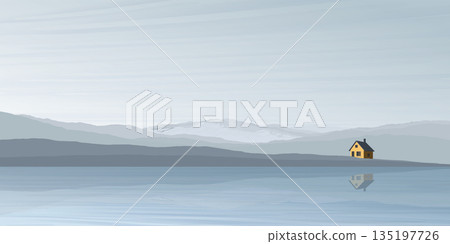 Minimalist countryside landscape in winter season with lake, mountain ranges and country house graphic illustrated have blank space. Minimalist countryside landscape in winter season with lake, mountain ranges and country house graphic illustrated have blank space. 135197726