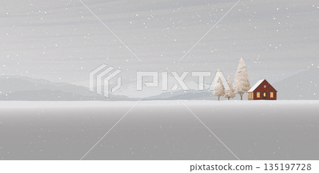 Snowfall in minimalist countryside landscape with country house, pine trees and mountain ranges graphic illustrated have blank space. 135197728