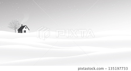 Country house and big tree at snow landscape monochromatic flat design illustrated have blank space. 135197733