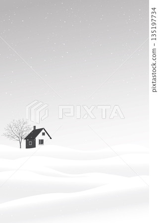 Country house and big tree at snow landscape monochromatic flat design vertical illustrated have blank space. 135197734