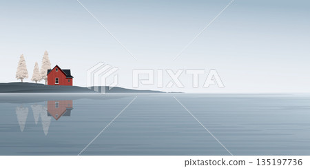 Minimalist seaside landscape with country house front view and pine trees graphic illustrated have blank space. 135197736