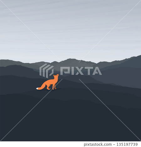 Lonely fox howling on the hill in minimalist countryside landscape with silhouette mountain ranges graphic illustrated have blank space. Lonely fox howling on the hill in minimalist countryside landscape with silhouette mountain ranges graphic illustrated have blank space. 135197739