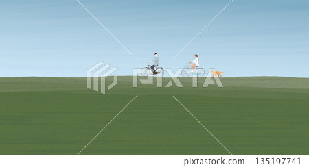 Man and woman riding bicycles together followed by a dog in grass field landscape spring season flat design illustration have blank space. 135197741
