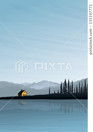 Minimalist countryside landscape with lake, mountain ranges, country house and silhouette pine forest graphic illustrated have blank space. 135197772