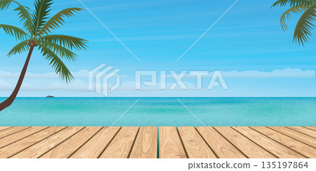 Wooden pier with tropical blue sea background template vector illustration have blank space for advertisement or products presentation. Wooden pier with tropical blue sea background template vector illustration have blank space for advertisement or products presentation. 135197864