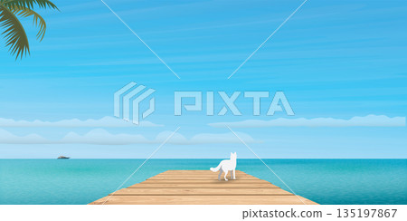 Dog on wooden pier at seaside with blue sky background vector illustration. Travelling with pet to the tropical blue sea concept have blank space. Dog on wooden pier at seaside with blue sky background vector illustration. Travelling with pet to the tropical blue sea concept have blank space. 135197867