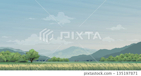 Countryside rice fields landscape with small town and mountain range flat design graphic vector illustration have blank space. 135197871