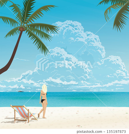 Tropical blue sea with beach, chair and blonde hair girl illustrated . Seascape have blank space. Tropical blue sea with beach, chair and blonde hair girl illustrated . Seascape have blank space. 135197873