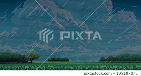 Raining in countryside rice fields landscape flat design graphic vector illustration have blank space. 135197875