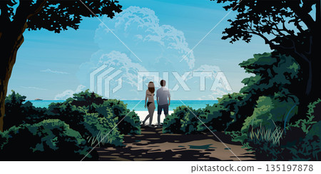 Couple of lover at the beach have tropical blue sea background and silhouette tree with bush foreground graphic illustrated. Journey of sweetheart concept flat design. 135197878