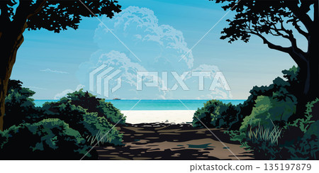 Silhouette tree with bush foreground have the beach and tropical blue sea background graphic illustrated. Vacation traveling concept flat design. 135197879