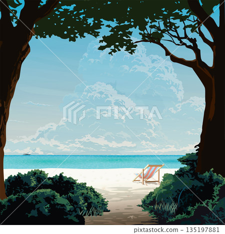 Silhouette tree with bush foreground have the beach, chair and tropical blue sea square background graphic illustrated. Vacation traveling concept flat design. Silhouette tree with bush foreground have the beach, chair and tropical blue sea square background graphic illustrated. Vacation traveling concept flat design. 135197881