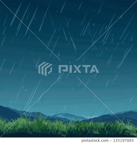 Raining in countryside landscape have glass fields, mountain range and dusk sky background flat design graphic illustration have blank space. 135197883