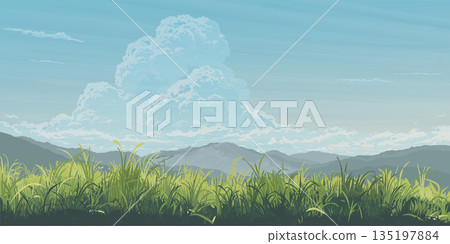 Countryside glass fields landscape with mountain range flat design graphic illustration have blank space. 135197884