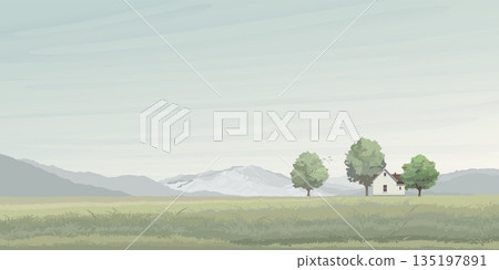 Rural landscape side view with hills, field, trees, grass, country house and mountain ranges graphic illustrated have blank space. 135197891