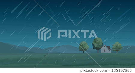 Raining in rural landscape side view flat design graphic illustrated have blank space. 135197893