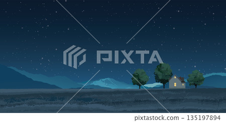 Night at rural landscape side view flat design graphic illustrated have blank space. 135197894