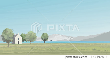 Rural landscape side view with lake, hills, field, trees, grass, country house and mountain ranges graphic illustrated have blank space. 135197895