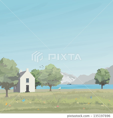 Rural landscape side view with lake, hills, field, trees, grass, country house and mountain ranges graphic illustrated have blank space. Rural landscape side view with lake, hills, field, trees, grass, country house and mountain ranges graphic illustrated have blank space. 135197896
