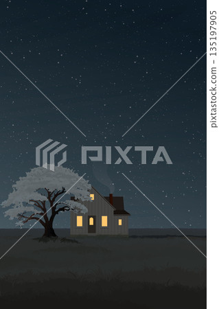 Minimalist landscape grass field with country house and big tree at night flat design illustrated have blank space. 135197905