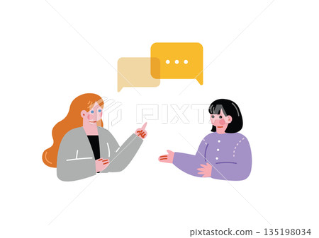 A Japanese woman conversing in English with a Western woman 135198034