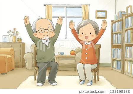 一幅健康日常插圖，描繪了一對老年夫婦在家享受運動的場景。 135198188