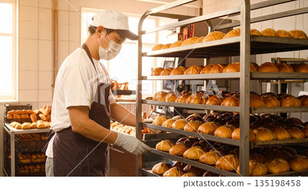 在麵包工廠工作的麵包師 135198458