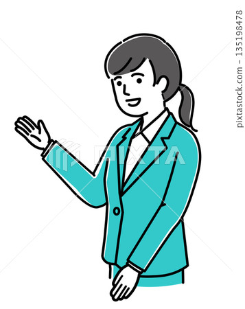 一位穿著西裝的女士舉起一隻手引導，面帶微笑，請這邊走，客服，向量圖 135198478