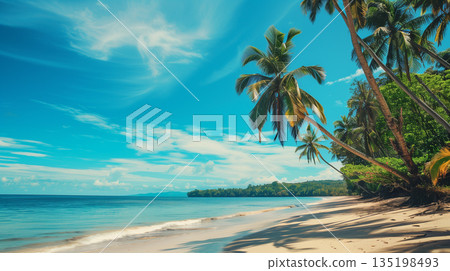 Tropical beach. Summer vacation on a tropical island with beautiful beach. Tropical Maldives. 135198493