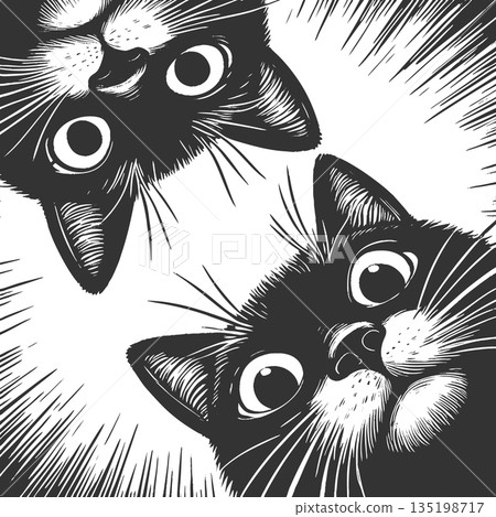 Cute Black Cats Looking Down raster illustration 135198717