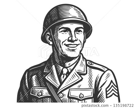 smiling male soldier in uniform engraving raster 135198722