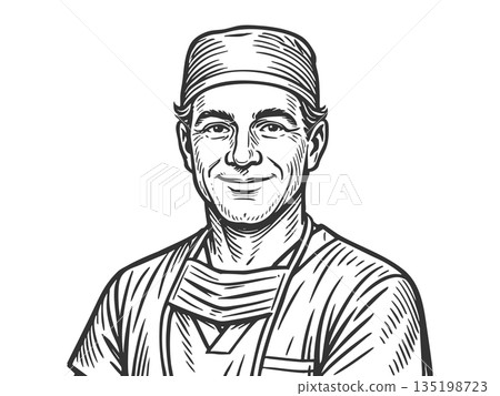 Smiling Surgeon in Scrubs engraving sketch raster 135198723
