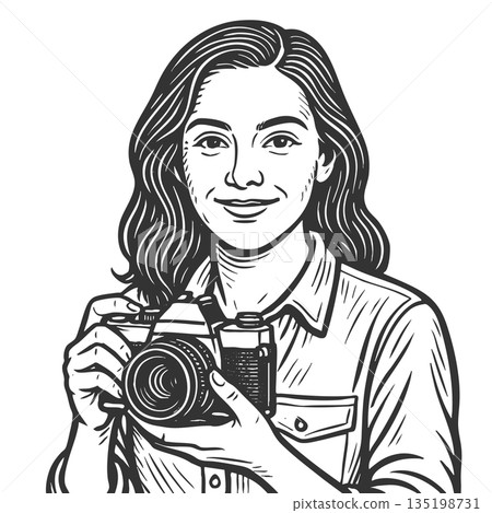 Female Photographer Holding Camera sketch raster 135198731