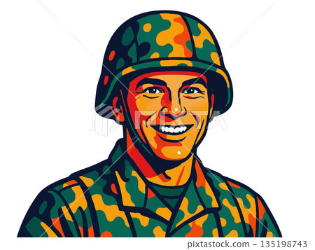 Smiling male soldier in camouflage uniform raster Smiling male soldier in camouflage uniform raster 135198743