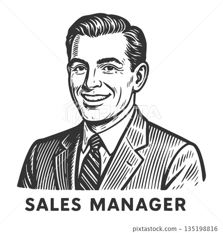 Smiling Sales Manager in Suit engraving vector Smiling Sales Manager in Suit engraving vector 135198816