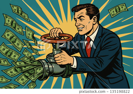 Businessman unleashing money flow from valve Businessman unleashing money flow from valve 135198822